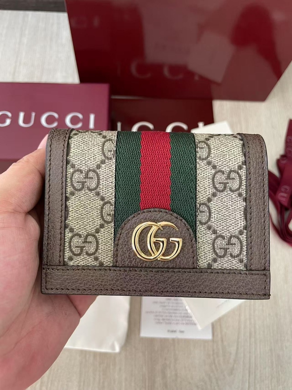 Gucci GG Canvas Small Bifold Wallet in Brown with Green-Red Stripe